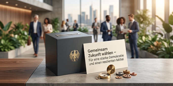 Große Wahlurne zur Bundestagswahl mit einer Notiz „Gemeinsam Zukunft wählen“