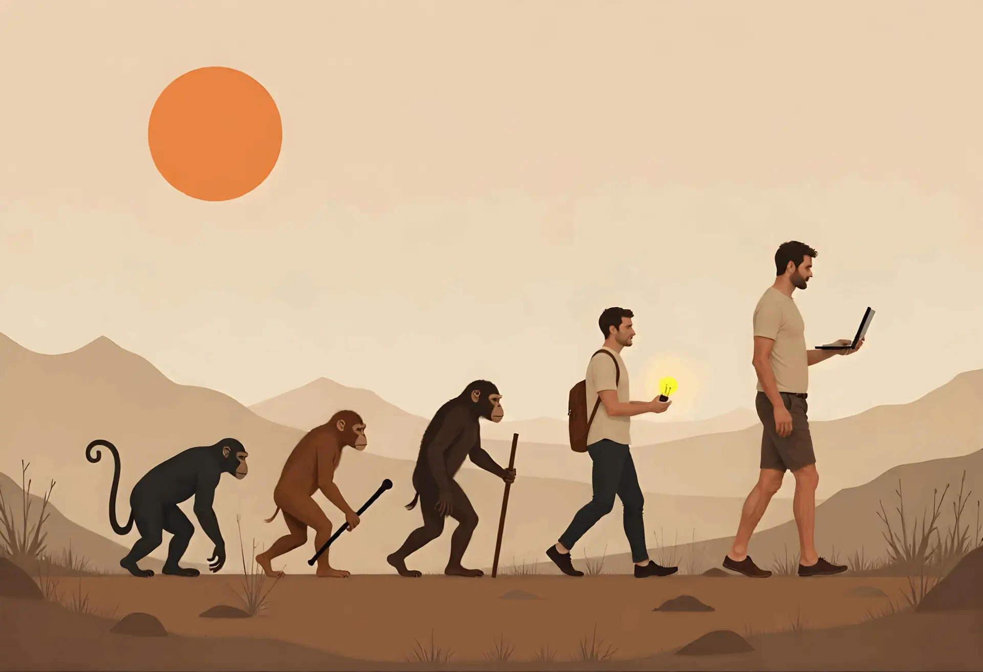 Illustration der Evolution vom Affen zum modernen Menschen mit symbolischer Entwicklung von Werkzeug über Glühbirne bis zum Laptop, vor einer stilisierten Landschaft mit Sonnenuntergang.