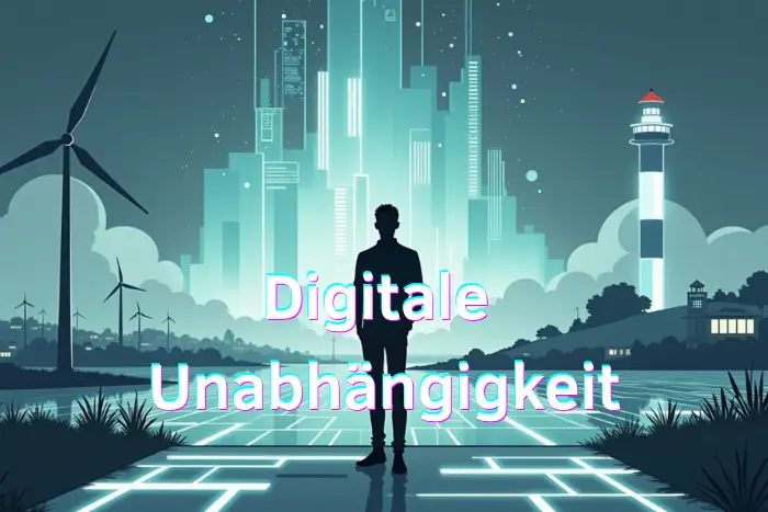 Ein Mann blickt mit unabhängigkeit nach vorne während im Hintergrund eine digitale Stadt zu sehen ist.