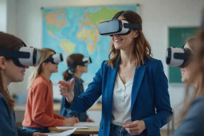 Lächelnde Lehrerin zeigt ihren Schülern die Enhanced Reality