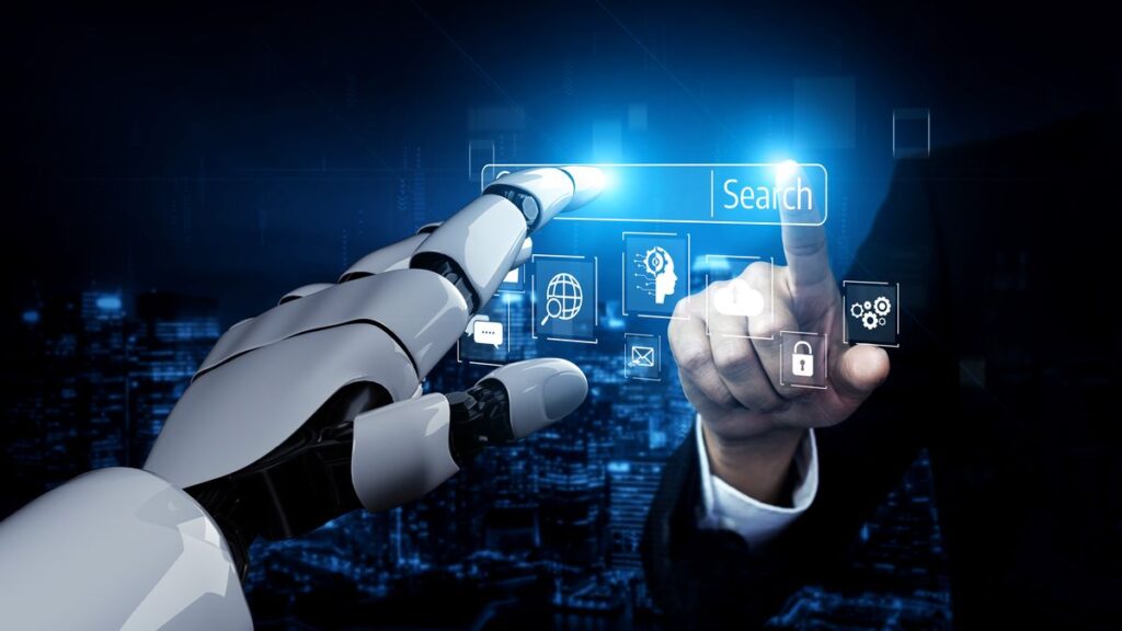 Roboterhand und menschliche Hand bedienen digitale Suchoberfläche – Symbol für Generative AI Optimization, präsentiert vom BDS Schleswig-Holstein
