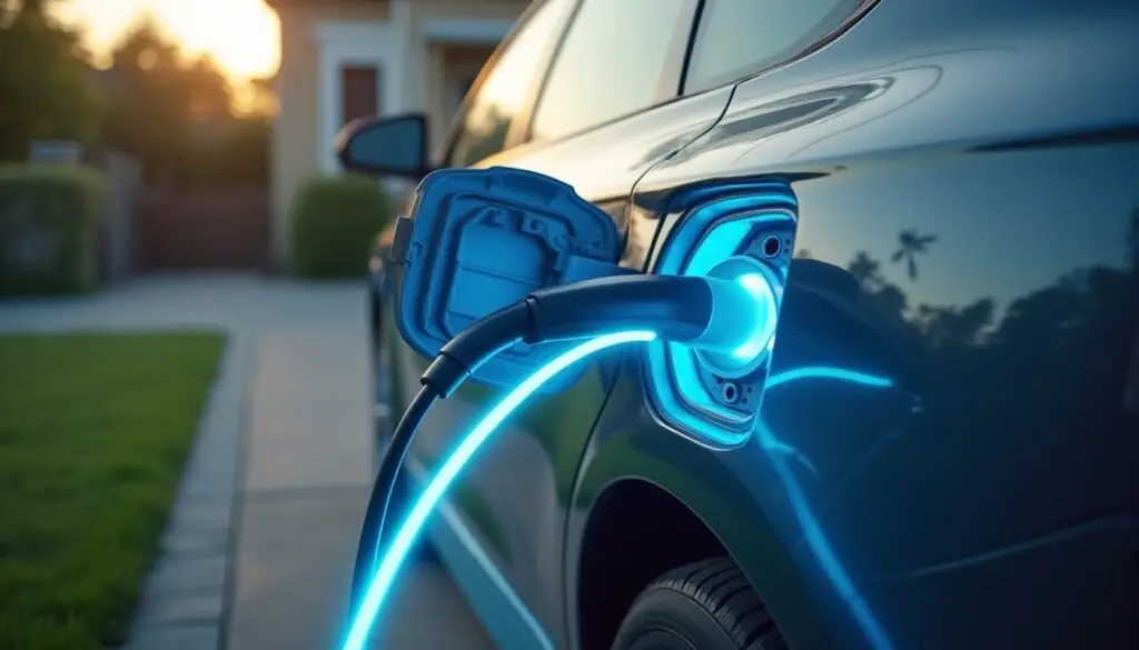 Futuristisches E-Auto als Heimspeicher vor einem Haus beim Laden, erzeugt Strom für das Gebäude