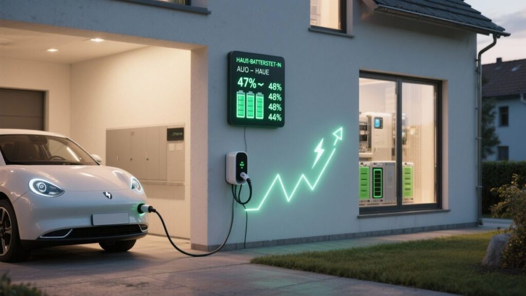 E-Auto lädt an einer Wallbox am Einfamilienhaus, Display zeigt Energie- und Batteriestatus, grüner Aufwärtspfeil symbolisiert steigende Effizienz