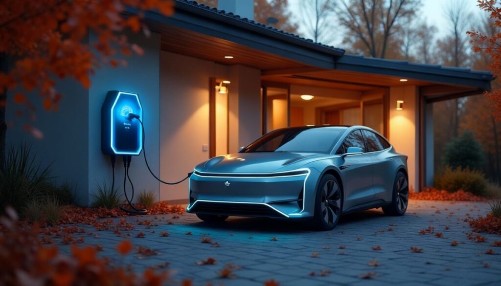 Futuristisches Elektroauto steht vor einem Haus an der Ladestation und lädt Strom für die Hausversorgung.