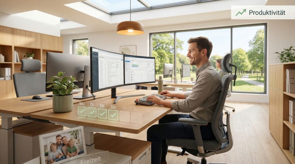 Mitarbeiter arbeitet konzentriert an zwei Monitoren in modernem Büro – digitale Prozesse und Produktivität, die den Mittelstand stärken.