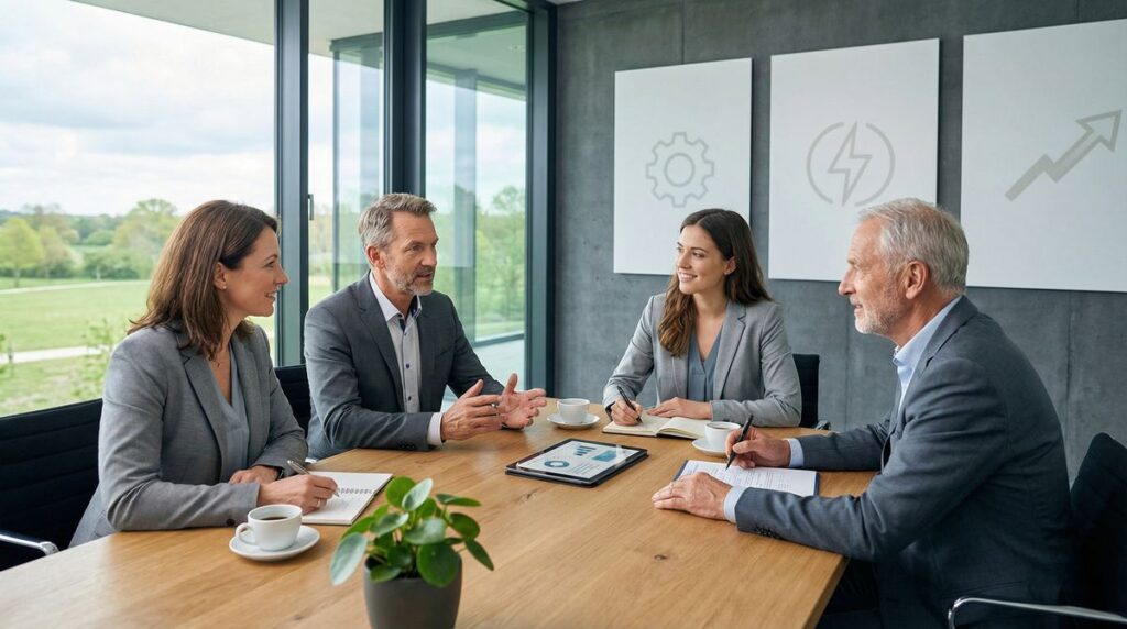 Vier Geschäftsleute sitzen im Meeting und entwickeln gemeinsam Strategien – Symbol dafür, den Mittelstand zu stärken.