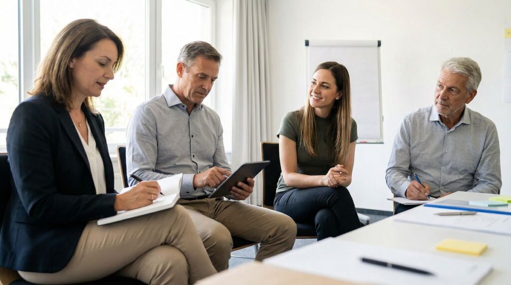 Gruppe von Unternehmerinnen und Unternehmern im Austausch über neue Ideen – gemeinsamer Dialog, um den Mittelstand zu stärken.