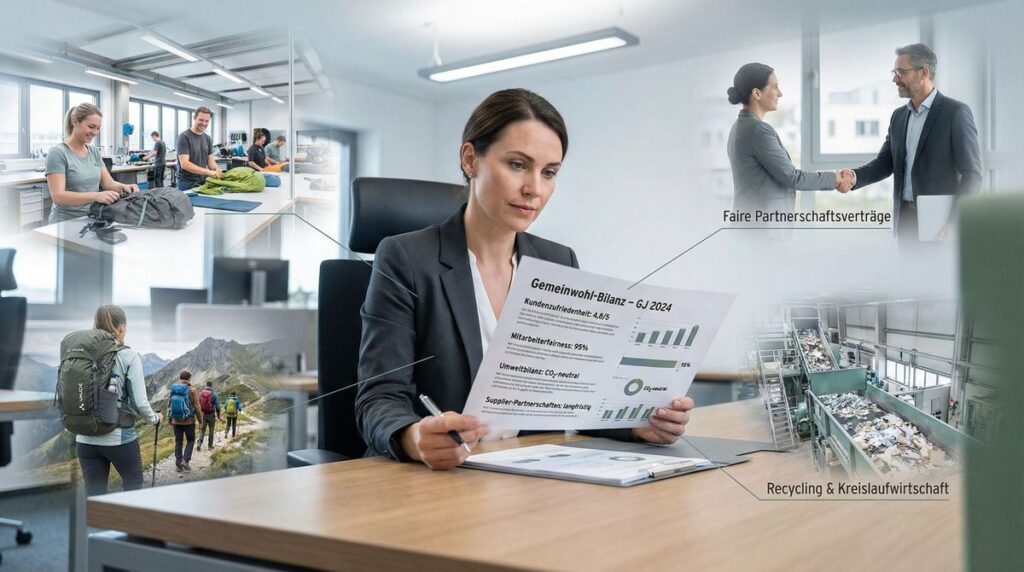 Unternehmerin analysiert Gemeinwohl-Bilanz, um nachhaltige Maßnahmen wie faire Partnerschaften, Recycling und Mitarbeiterzufriedenheit umzusetzen – Schritte, die den Mittelstand stärken.