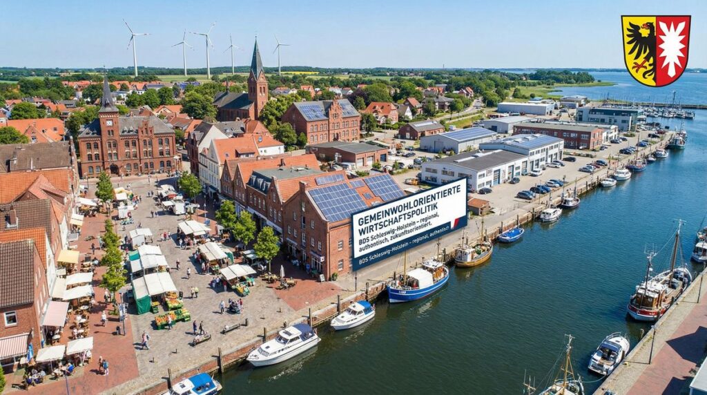 Luftaufnahme einer Hafenstadt mit Marktplatz, Booten und Gebäuden; ein großes Banner wirbt für gemeinwohlorientierte Wirtschaftspolitik in Schleswig-Holstein.