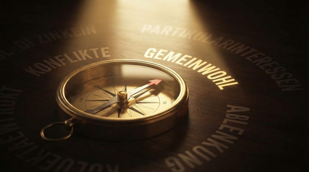 Kompass, dessen Nadel auf das Wort ‚Gemeinschaft‘ zeigt – Symbol für Orientierung und Teamarbeit stärken.