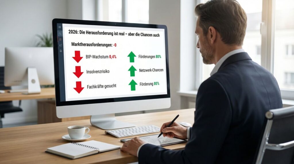 Unternehmer betrachtet Marktanalyse zu Risiken und Chancen für 2026 am Computer – Entscheidungsgrundlage, um den Mittelstand zu stärken.