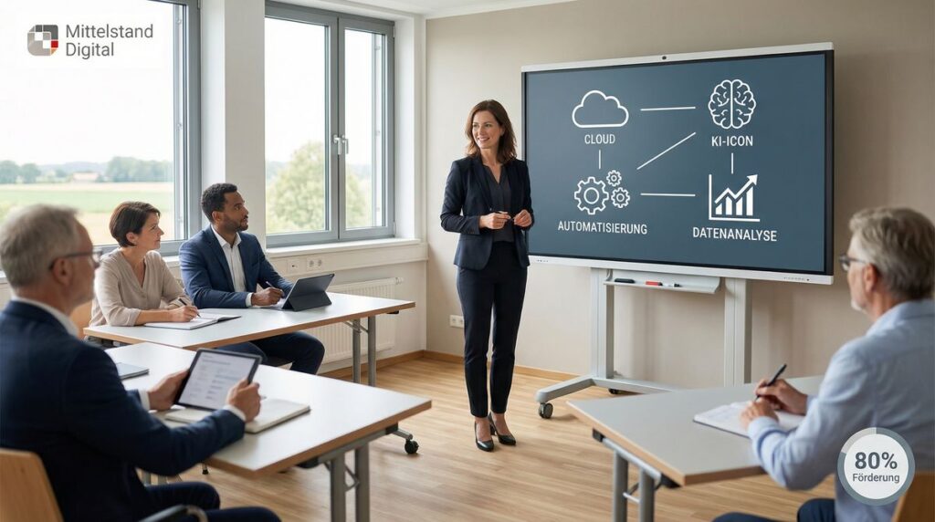 Dozentin erklärt Unternehmerinnen und Unternehmern die Themen Cloud, KI, Automatisierung und Datenanalyse – digitale Weiterbildung, die den Mittelstand stärkt.