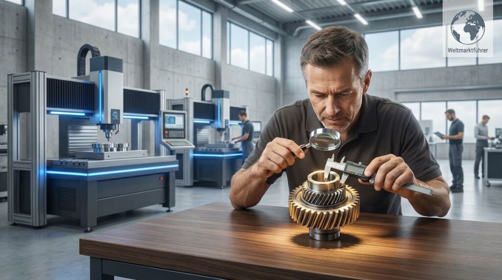 Facharbeiter misst ein Zahnrad mit höchster Präzision – Qualitätsarbeit als Grundlage, um den Mittelstand zu stärken.