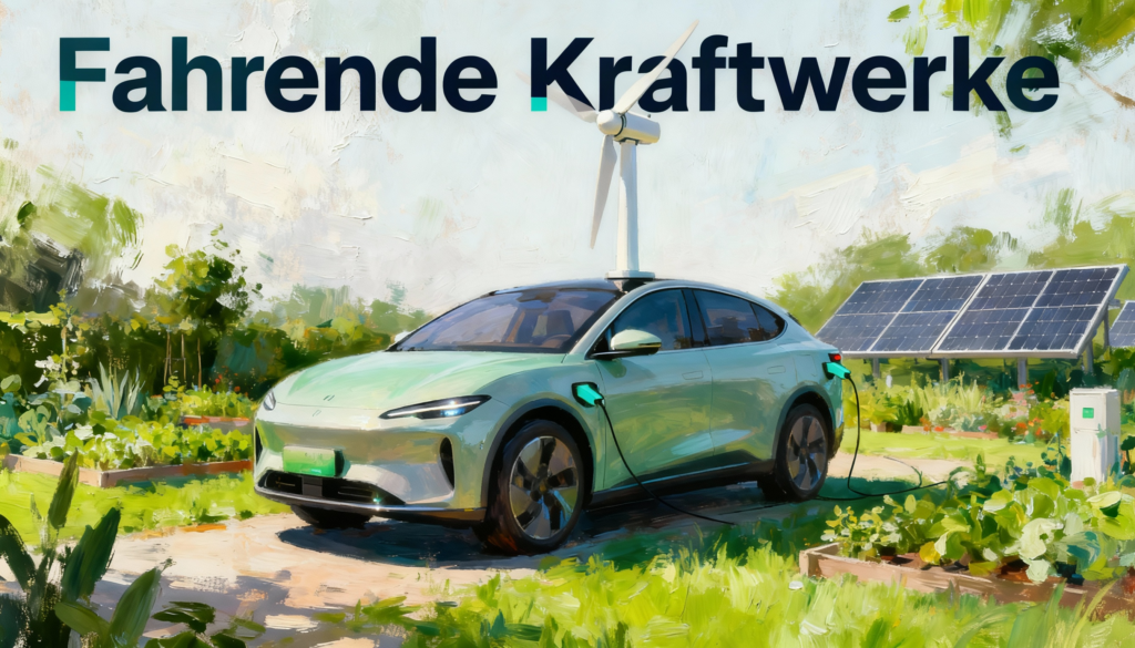 Fahrende Kraftwerke: E-Auto lädt an der Wallbox am Haus, Energiemonitor zeigt Batterie- und Stromfluss, grüner Trendpfeil steigt.
