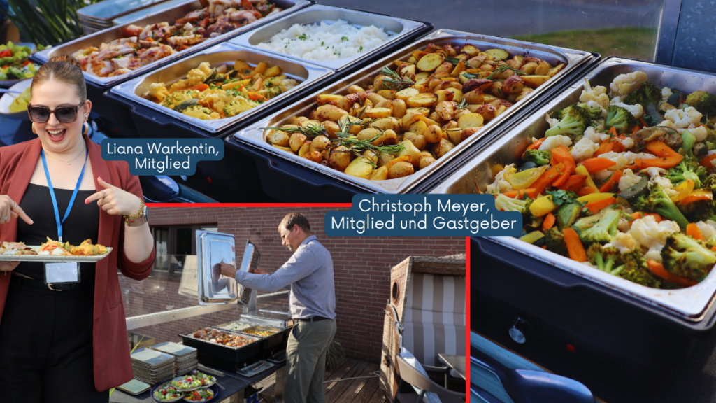 Buffet beim Sommerfest mit Liana Warkentin, Mitglied, und Christoph Meyer, Mitglied und Gastgeber, am Grill.