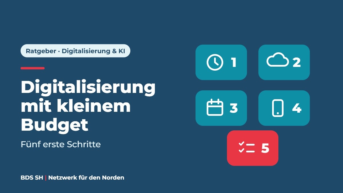 Grafik: fünf nummerierte Kacheln mit Uhr, Cloud, Kalender, Smartphone und Checkliste, Titel „Digitalisierung mit kleinem Budget“