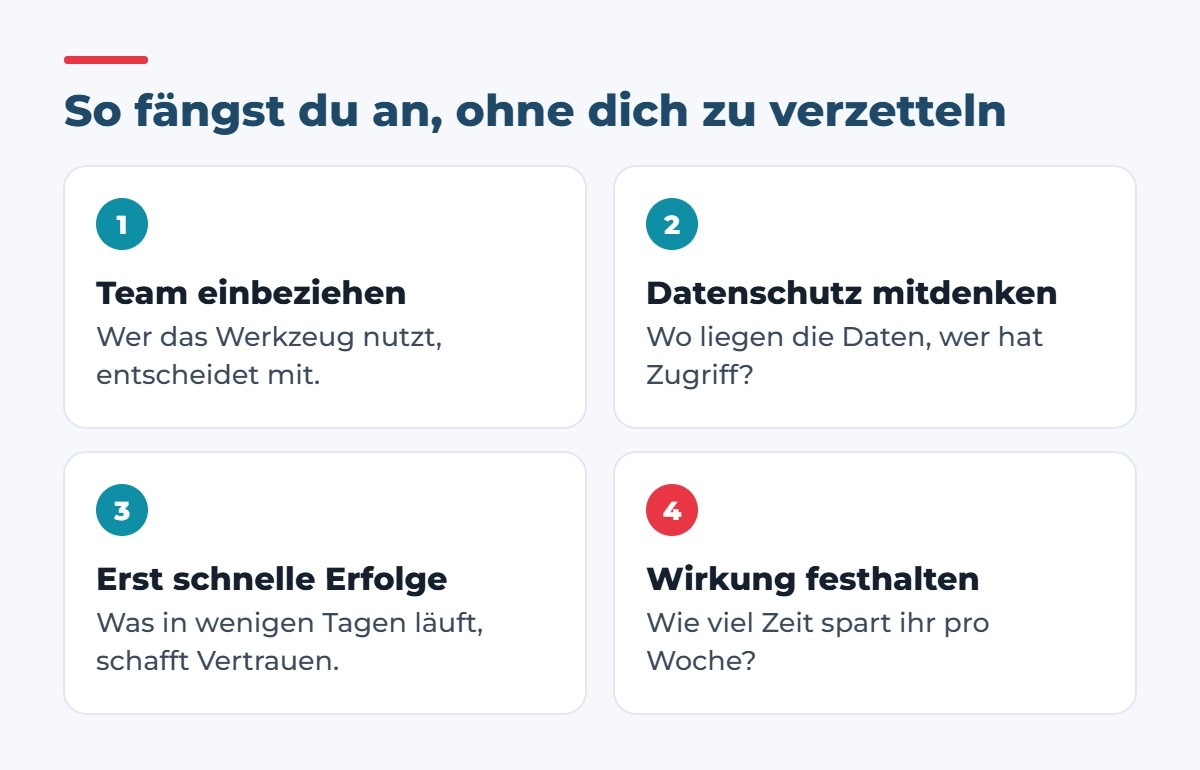 So fängst du an: Team einbeziehen, Datenschutz mitdenken, erst schnelle Erfolge, Wirkung festhalten