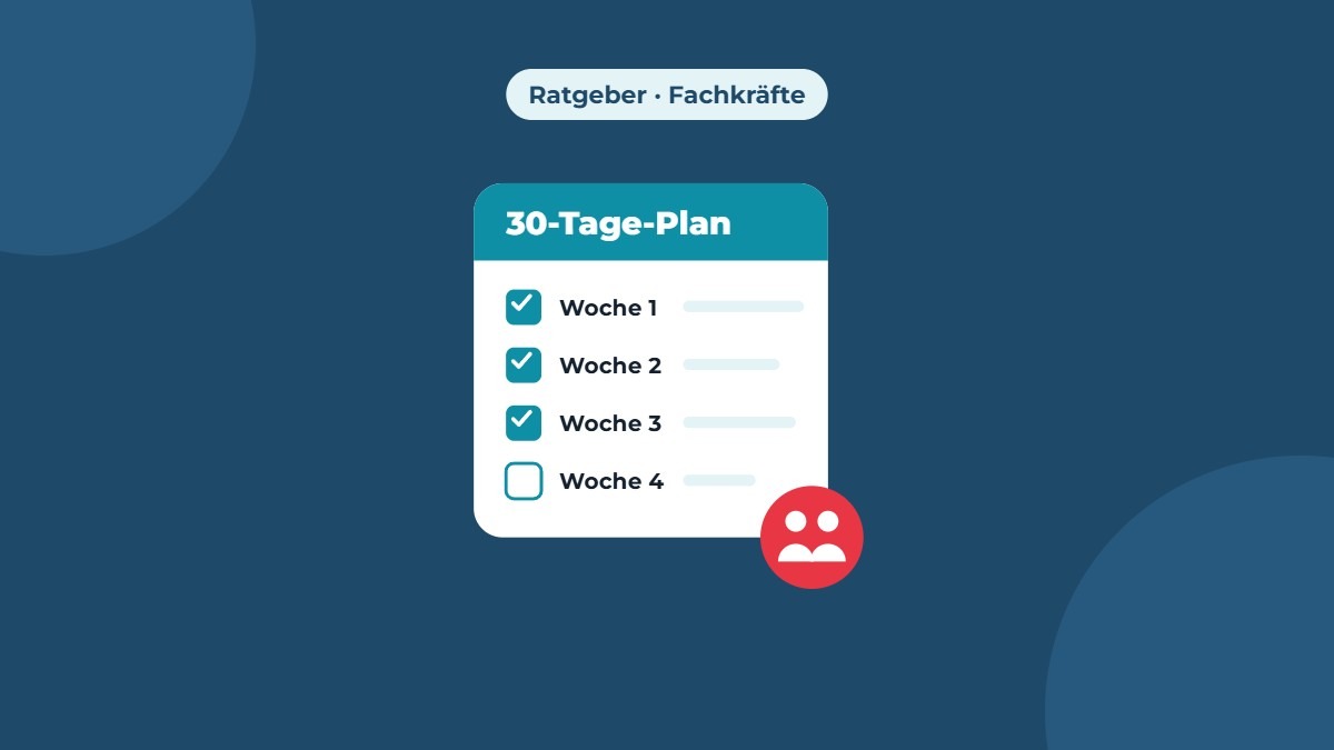Grafik: 30-Tage-Plan zur Einarbeitung mit abgehakten Wochen und Team-Symbol