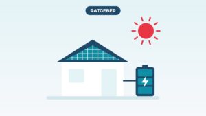 Grafik: Betriebsgebäude mit Solardach, Sonne und Batteriespeicher