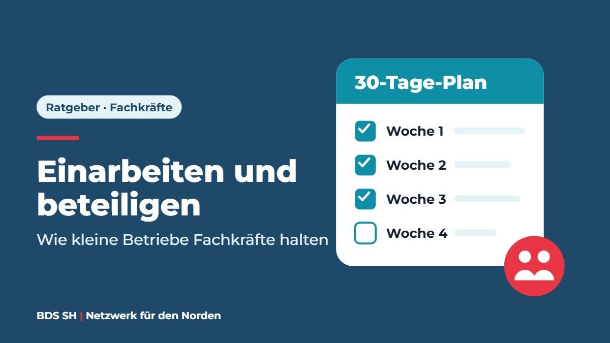 Grafik: 30-Tage-Plan zur Einarbeitung mit abgehakten Wochen und Team-Symbol, Titel „Einarbeiten und beteiligen“