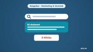 Grafik: Suchfeld, darunter eine KI-Antwort und der Hinweis „0 Klicks“