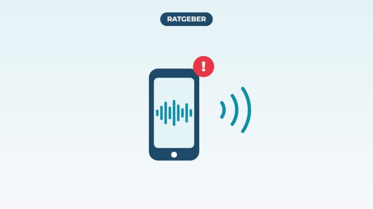 Grafik: Smartphone mit Schallwellen einer Stimme und einem roten Warnzeichen