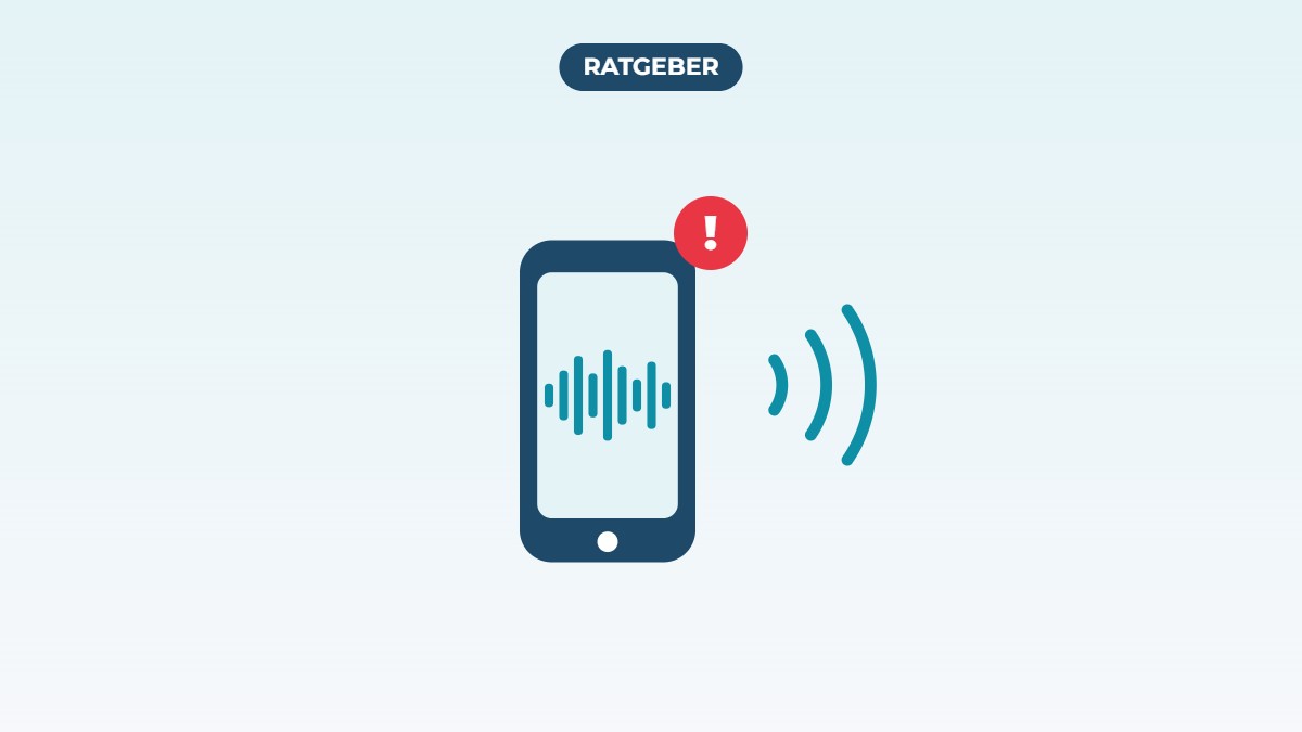 Grafik: Smartphone mit Schallwellen einer Stimme und einem roten Warnzeichen