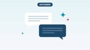 Grafik: zwei Sprechblasen mit Textzeilen und funkelnde Sterne als Symbol für KI