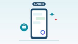 Grafik: Smartphone mit Chat und KI-Symbol, daneben ein Schloss