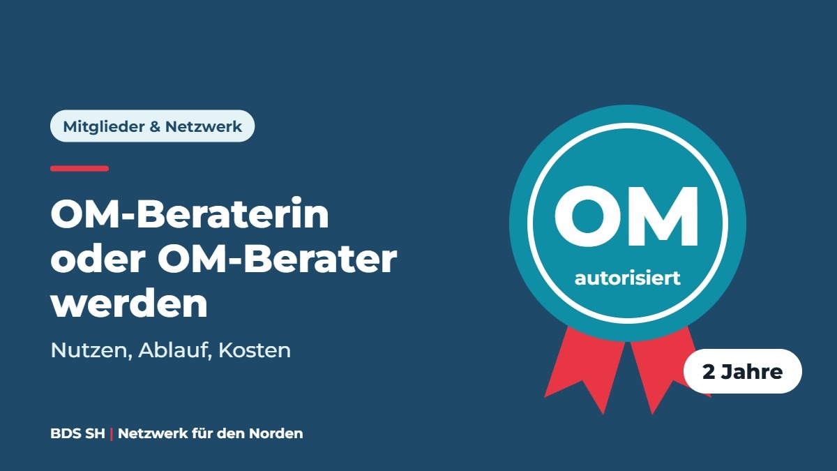 Titelbild: Siegel „OM autorisiert“ mit Hinweis „2 Jahre“, Titel „OM-Beraterin oder OM-Berater werden“