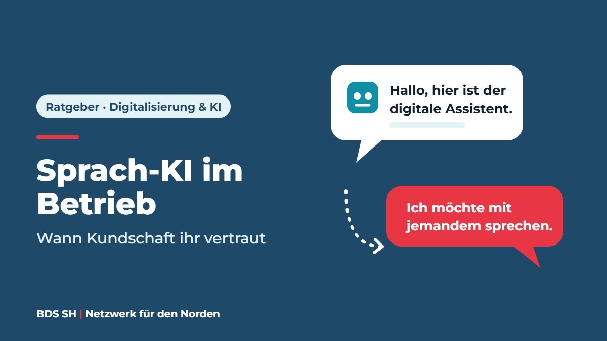 Grafik: Sprechblase des digitalen Assistenten und Antwort „Ich möchte mit jemandem sprechen“, Titel „Sprach-KI im Betrieb“