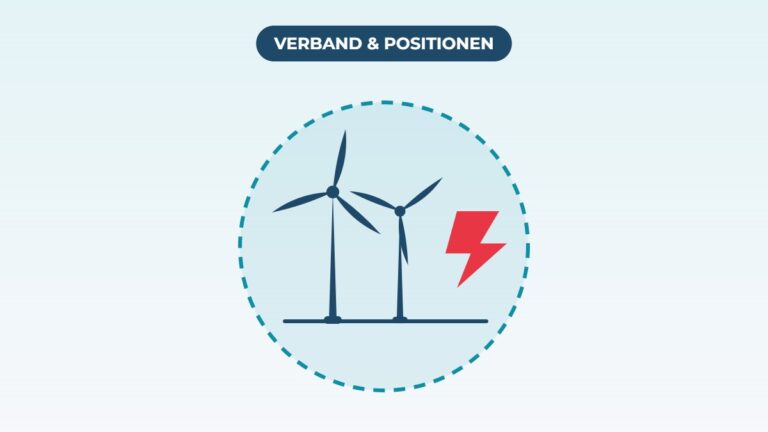 Illustration: zwei Windräder und ein roter Blitz in einem gestrichelten Kreis, darüber die Plakette „Verband & Positionen“