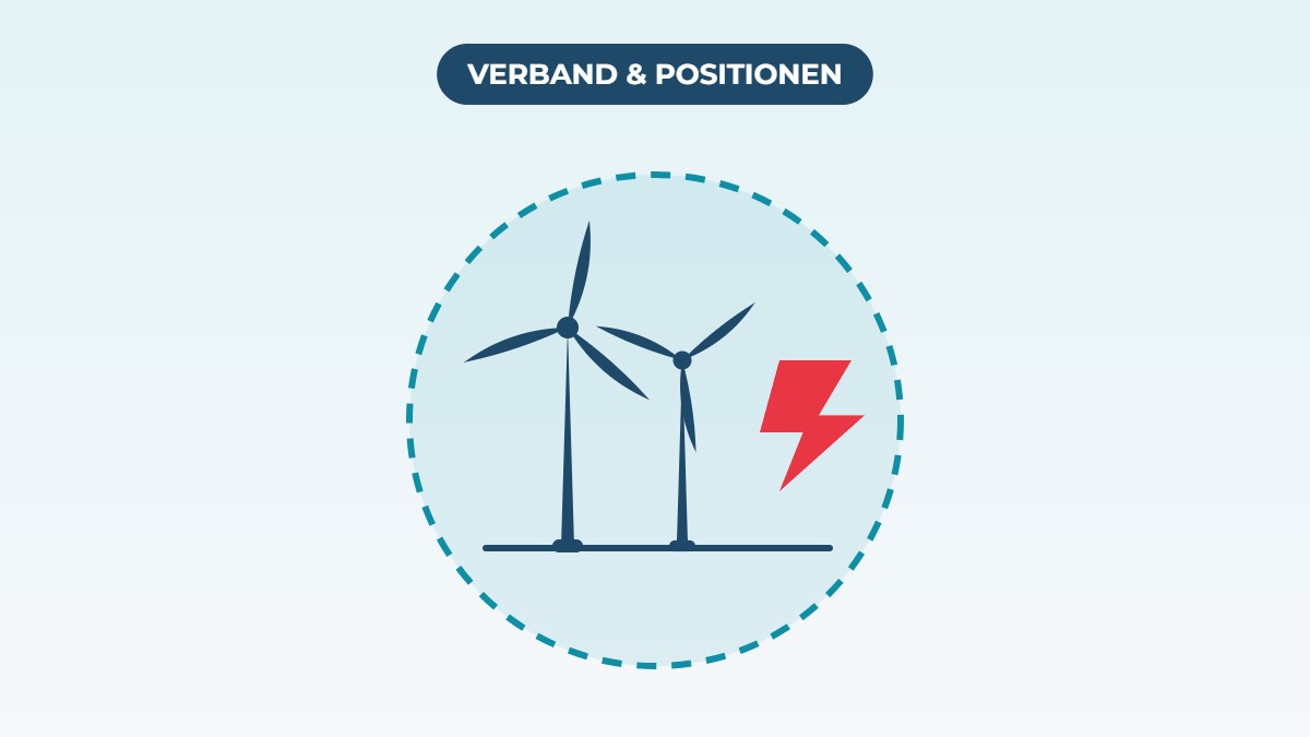 Illustration: zwei Windräder und ein roter Blitz in einem gestrichelten Kreis, darüber die Plakette „Verband & Positionen“