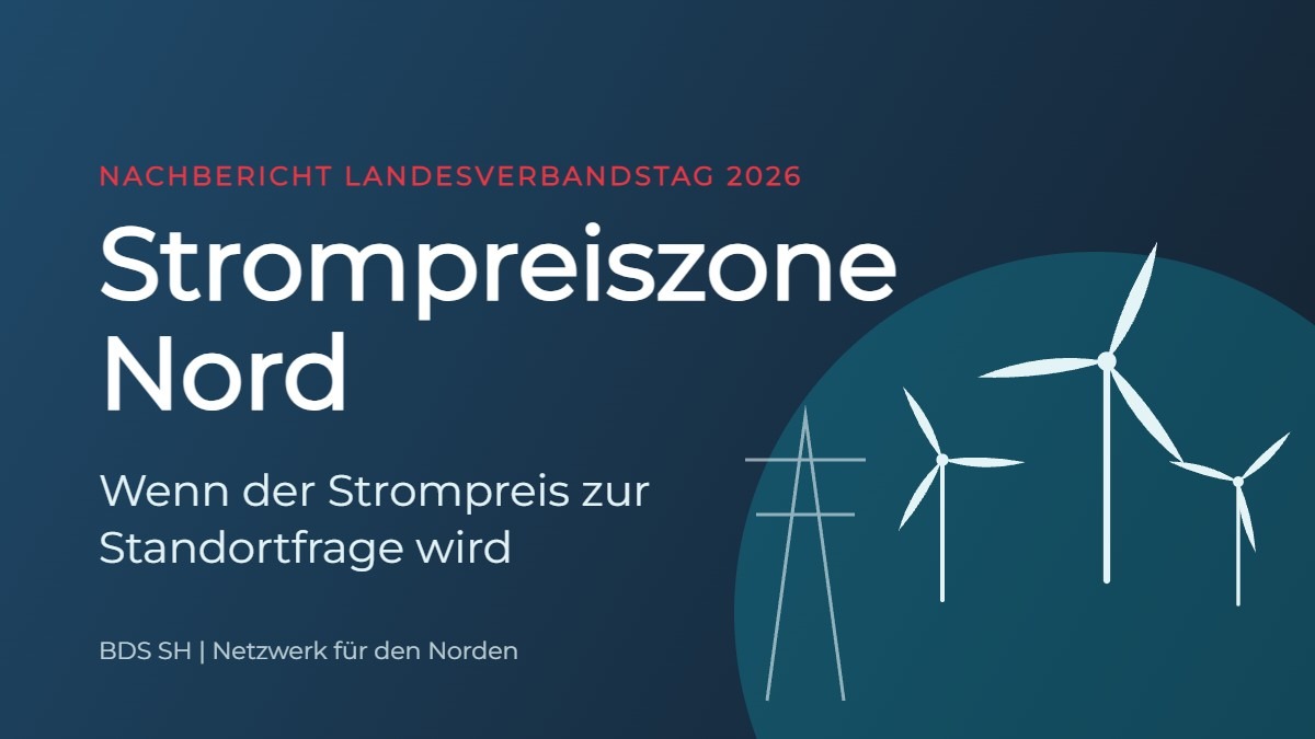 Titelbild: „Strompreiszone Nord. Wenn der Strompreis zur Standortfrage wird“, Nachbericht Landesverbandstag 2026, mit Windrädern und Strommast