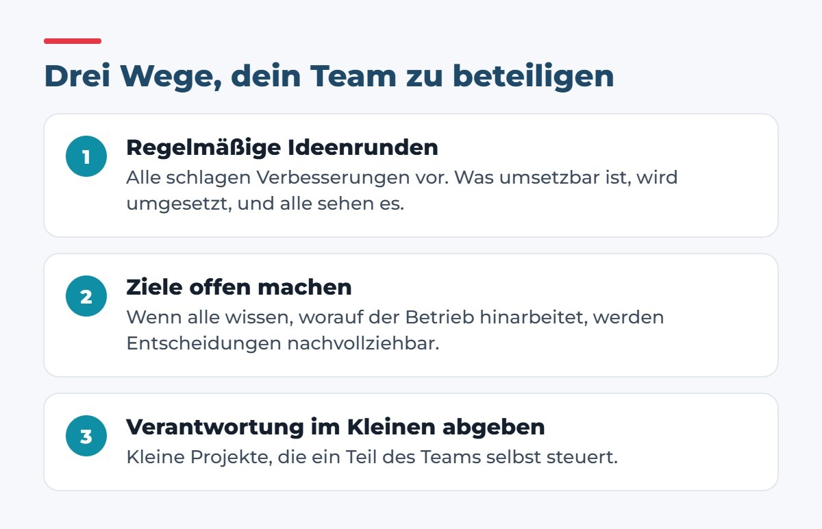 Drei Wege, das Team zu beteiligen: Ideenrunden, Ziele offen machen, Verantwortung im Kleinen abgeben